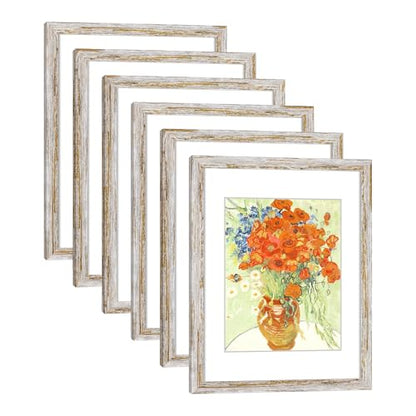 Rustic Distressed Retro Style White Frame 11x14 Picture Frame Set of 6 with Real Glass for Pictures 8x10 with Mat or 11x14 Without Mat, Wall Gallery or Tabletop display - size: 11x14(set of 6)