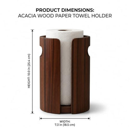 Wooden Paper Towel Holder Countertop, Weighted Base Acacia Wooden Kitchen roll rack with splash guard, and non-slip design, One-Hand Tear Design, Farmhouse Paper Towel Stand for Kitchen, Apartment, RV