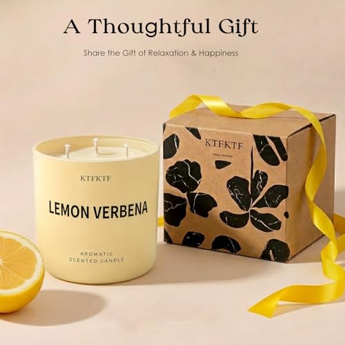 Lemon Verbena Candle, 14.1oz Large 3-Wick Soy Wax Candle, Up to 80 Hours Burn Time, Non-Toxic Aromatherapy Jar Candle with Essential Oils, Citrus Scented Candle for Home