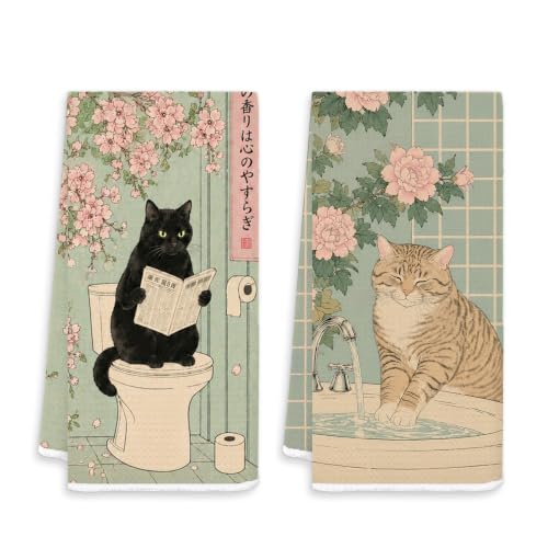 Japanese Black and Tabby Cat Bathroom Hand Towels 16x24 In Set of 2 YSZ-t | Japanese Bathroom Decor, Pink Cherry Blossom Peony Flower Funny Cat Decorative Hand Towels for Bathroom - color: White-tabby Cat Set 2
