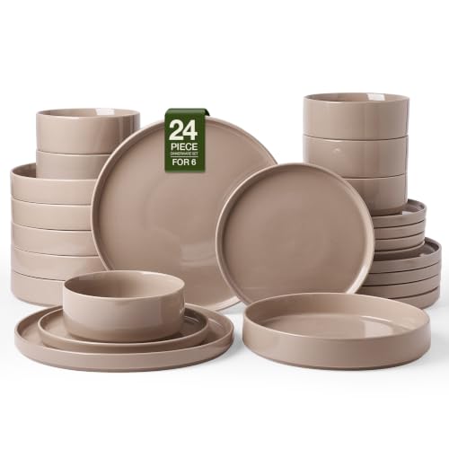 Famiware Nebula 24-Piece Dinnerware Set with Pasta Bowls, Cinnamon Brown | Stoneware Plates and Bowls, Service for 6 - Chip & Scratch Resistant, Microwave & Dishwasher Safe - color: Cinnamon Brown, size: Service for 6 (Include Pasta Bowls)