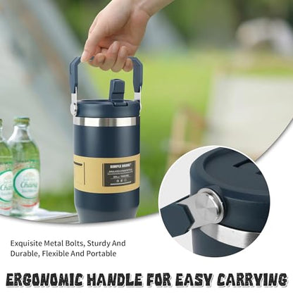 30oz Flip Straw Insulated Water Bottle with Handle, Leak Proof Stainless Steel Tumbler, Double Wall Vacuum Travel Coffee Mug for Cold Drinks, Gym Office Travel Essentials - color: Midnight Blue