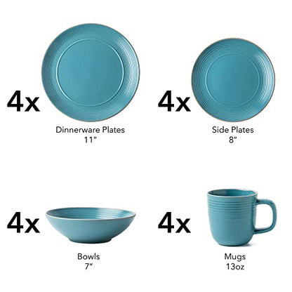 Arora RINGAR Round Stoneware 16pc Dinnerware Set of 4, Dinner Plates, Side Plates, Cereal Bowls, Mugs - Speckle Matte Turquoise (428693) - color: Speckle Matte Turquoise-Bowl/Mug, style: Round-Service for 4(16pcs)