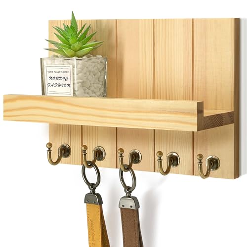 Rebee Vision Key Holder Wall Mount with 5 Hooks for Entryway, Original Wood | 3.54 x 10 x 7.28 Inches, Pine Wood Build, Farmhouse Key Holder for Wall, Mail and Letter Storage, Compact Space-Saving Design - color: Original Wood, size: 10 inches