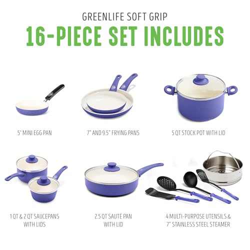 GreenLife 16 Piece Ceramic Nonstick Pots & Pans Cookware Set, Periwinkle | PFAS-Free Nonstick Coating, Stockpot, Frying Pans, Saucepans, Sauté Pan, Stay-Cool Handles, Dishwasher & Oven Safe up to 350F - color: Periwinkle, style: Soft Grip