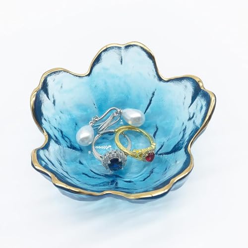 Small Ring Dishes for Women, Glass Jewelry Dish, Crystal Ring Holder Dish Trinket Bowl, Flower Jewelry Holder Dish, Nightstand Decor Jewlery Plate, Jewelry Bowl Dish for Rings, Keys, Gift - color: Blue