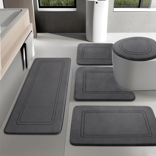 Dark Grey Memory Foam Bathroom Rug Set 5 Piece,Ultra Absorbent, Non Slip Bath Mats，Washable Dry Quickly Bath Rug Set for Bathroom Floor, Dark Grey Bath Mat Set 5 Piece - color: Dark Grey, size: 5pieces
