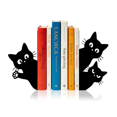 Sanwarm Bookends, 2 Pcs, Metal, for Home Office Desk Shelves Black Cat | Cat Cartoon Animal Decorative Book Ends Non-Skid Book Stoppers Holder 1 Pair Gifts for Reading Enthusiasts Library Decor - color: Black Cat 2