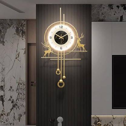 Modern Deer Wall Clock for Living Room,Large Gold Decorative Wall Clock with Light,Creative Silent Clock Battery Operated for Kitchen/Entryway/Bedroom/Office/Dinning Room Metal Wall Decor - size: 20''Lx35''W