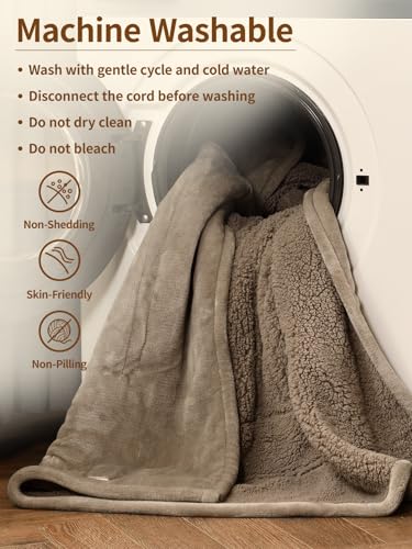 Bearhug Electric Blanket Queen Size with Dual Controls, 10 Heat Levels & 1-12H Auto Shut-Off, Fast Heating Soft Velvet to Sherpa Heated Blanket for Couples, Machine Washable, Taupe - color: Taupe-velvet & Sherpa, size: Queen Size 84" × 90"