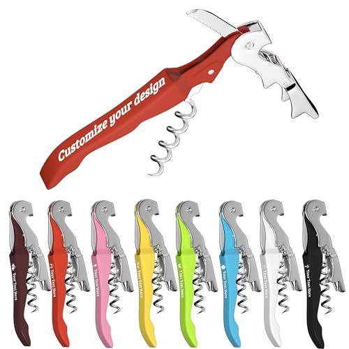 Custom Wine Opener Bulk, Laser Personalized Logo & Text, for Bar Weddings | Waiter Corkscrew Wine Key with Foil Cutter,Double Hinged Stainless Steel Wine Bottle Opener,for Servers,Bartenders,Sommelier - color: Red
