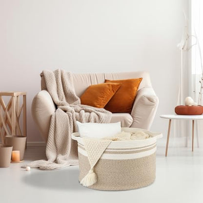 XUANGUO Extra Large Cotton Rope Round Storage Basket 22" x 14" | Woven basket for blankets, toys, towels, laundry, nursery, living room and pet toy storage. - color: white and brown