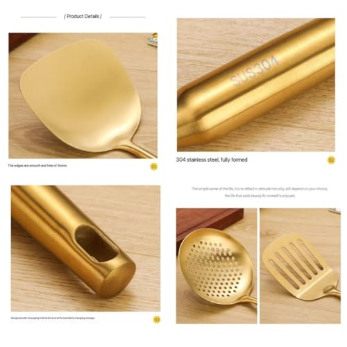 Premium 7-Piece Gold Kitchen Utensil Set with Stand, Stainless Steel Cooking Tools- Dishwasher Safe Ladle, Spoon, Spatula, Pasta Fork, Luxury Brass Kitchen Accessories for Home Chefs (Gold) - color: Gold