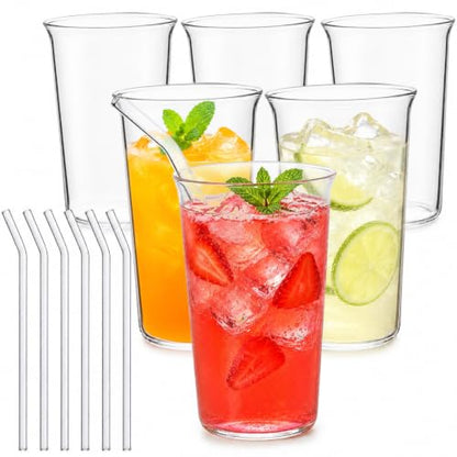 6 Piece Drinking Glasses 16 Oz Clear Drinking Glass with Straws Highball Glasses with Glass Straws Kitchen Glassware for Juice Coffee Cocktail Home Restaurant Party Tea, Water, Gift