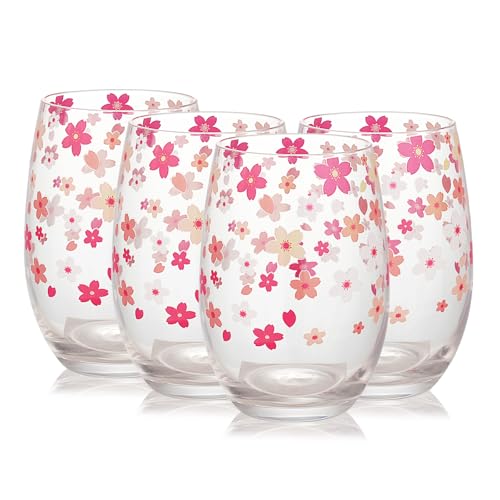 Hand Blown Etched Stemless Wine Glasses 19oz, Set of 4, Everyday Drinking Glasses, Large capacity, Unique Gifts for Him Her for Birthday, Wedding, Anniversary (Clear With Cherry Blossoms) - color: Clear With Cherry Blossoms
