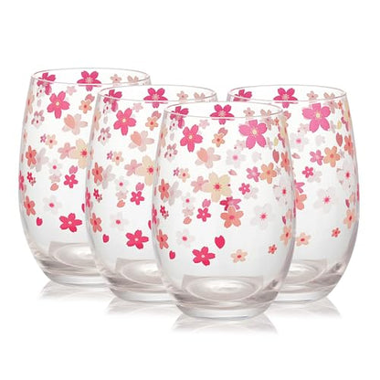 Hand Blown Etched Stemless Wine Glasses 19oz, Set of 4, Everyday Drinking Glasses, Large capacity, Unique Gifts for Him Her for Birthday, Wedding, Anniversary (Clear With Cherry Blossoms) - color: Clear With Cherry Blossoms