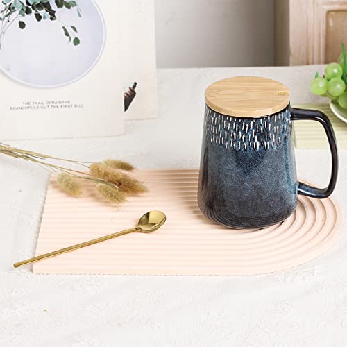 Large Ceramics Coffee Mugs,24 OZ,with Spoon and Wooden Lid,for Coffee,Tea,Large Handle Design,Microwave and Dishwasher Safe(Color:24 oz star blue set) - color: 24 oz star blue set