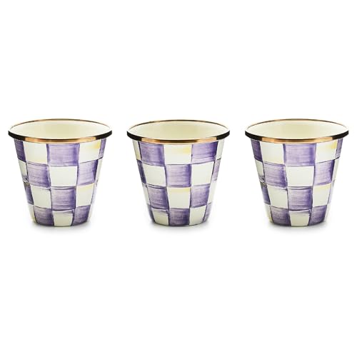 MACKENZIE-CHILDS Enamel Herb Pot Set, Small, Purple-and-White Violet Check | Hand-painted design, small plant pots for herbs or flowers, 3.5" dia. x 3.25" H, 8-ounce capacity per pot, set of 3 - color: Violet Check