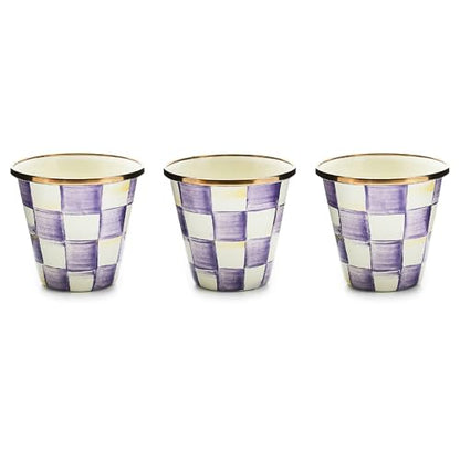 MACKENZIE-CHILDS Enamel Herb Pot Set, Small, Purple-and-White Violet Check | Hand-painted design, small plant pots for herbs or flowers, 3.5" dia. x 3.25" H, 8-ounce capacity per pot, set of 3 - color: Violet Check