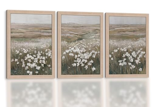 Framed Wildflower Canvas Wall Art Neutral Botanical 16x12 Inch 3 Pcs | Nature Painting Prints Picture Poster Ready To Hang Minimalist Wildflower Decor for Bedroom Living Room Entryway Foyer - color: Daisy Landscape 016, size: 16L" x 12W"