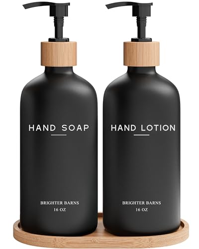 Black Glass Soap and Lotion Dispenser Set with Tray by Brighter Barns - Liquid Hand Soap Dispenser and Pump - Bamboo Bathroom Accessories & Modern Bathroom Decor (Black) - color: Black Sl