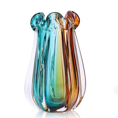 Hand Blown Glass vase, Gradient Blue and Amber Thick-Walled Decorative vase, Glass Art Wide-Mouth vase, Suitable for Living Room Coffee Tables, entryway Decor, Offices, and TV Cabinet Accents. (L) - color: L