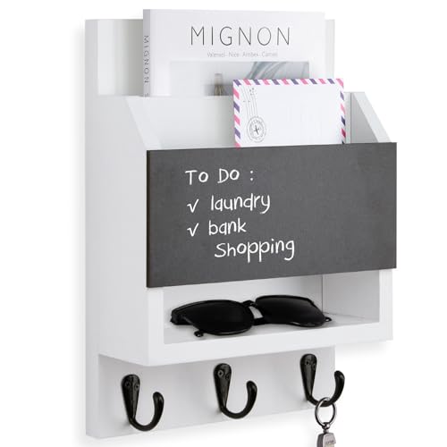 Key and Mail Holder for Wall with Chalkboard and Long Storage Box | Key Holder, Key Hanger with 3 Sturdy Hooks for Coat, Dog Leash, Entryway Mail Organizer - color: White