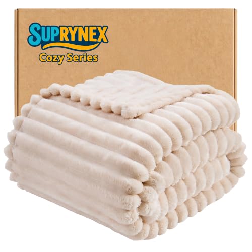 330GSM Ribbed Fleece Throw Blanket for Couch, Cream, 50"x70" | Super Soft Plush Flannel Blanket; Lightweight Home Decor; Gift for Her; All-Season Comfort for Couch, Sofa and Travel - color: Cream, size: Throw XL(50"x70")