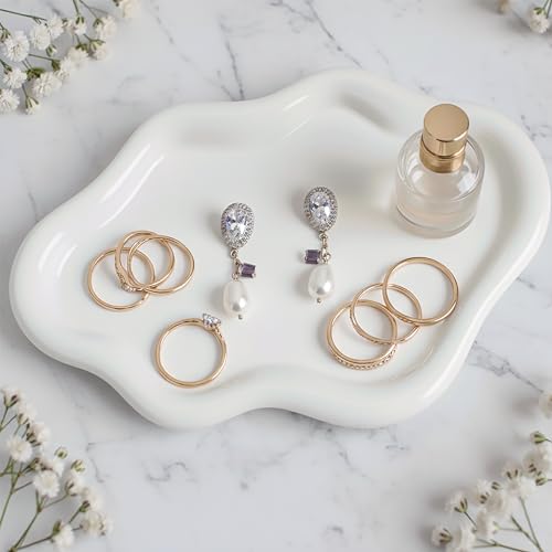Cloud Ceramic Tray, Glossy White Irregular Jewelry Dish, Luxury Ceramic Ring Holder and Vanity Organizer, Cloud Trinket Plate for Keys, Perfume, or Nightstand Decor