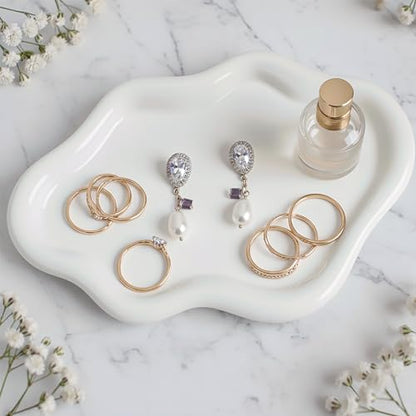 Cloud Ceramic Tray, Glossy White Irregular Jewelry Dish, Luxury Ceramic Ring Holder and Vanity Organizer, Cloud Trinket Plate for Keys, Perfume, or Nightstand Decor