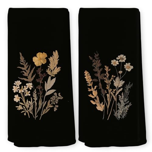 Vintage Moody Floral Dark Botanical Kitchen Towels Set of 2, Cottagecore Botanical Goth Gothic Still Life Dish Tea Towels for Kitchen, Farmhouse Country Decorative Hand Towel 16x24 Inch - color: Floral 15