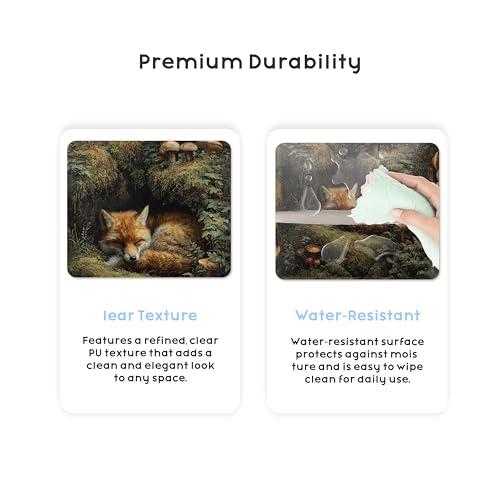 Sleeping Fox Tissue Box Cover, 5.2 Inch PU Leather Square Holder | PU leather tissue box cover with sleeping fox woodland design, hand-stitched detail, and removable liner for home or office. - color: Sleeping Fox