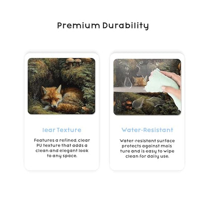 Sleeping Fox Tissue Box Cover, 5.2 Inch PU Leather Square Holder | PU leather tissue box cover with sleeping fox woodland design, hand-stitched detail, and removable liner for home or office. - color: Sleeping Fox