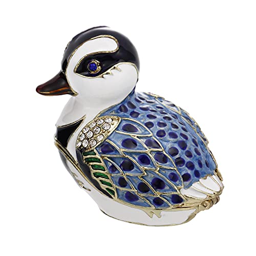 Hand Painted Enamel Duck Trinket Box for Home Decor, Hinged Jewelry Organizer for Ring Earrings, Unique Figurine Keepsake Collectible Personalized Elegant Handmade Ornament Gifts (Blue Cartoon Duck) - color: Blue Cartoon Duck