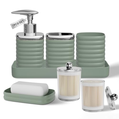 Bathroom Accessory Set - Gorgeous Bathroom Set, 7PC Sage Green Bathroom Accessories Set, Soap Dispenser, Toothbrush Holder, Qtip Holder Set, Bathroom Accessories Sets Complete for Home - color: Sage Green&silver