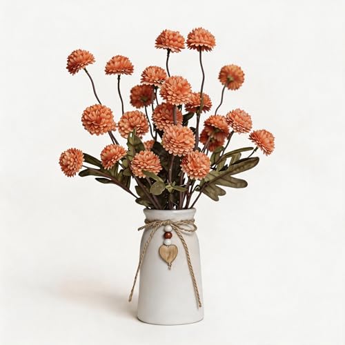 Artificial Chrysanthemum Flower Arrangement in Rustic Ceramic Vase with Heart Charm, 25 Heads Faux Pompon Mum Bouquet, 15'' Farmhouse Table Centerpiece for Dining Table, Home Décor, Orange - color: Orange