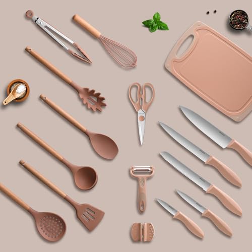 Utensil Sets,18-Piece Silicone Cooking Utensils and Knife Set,Mousse | Dishwasher-Safe Kitchen Utensils,Large Capacity Countertop Organizer for Knives,Utensils,Cutting Board - color: Mousse