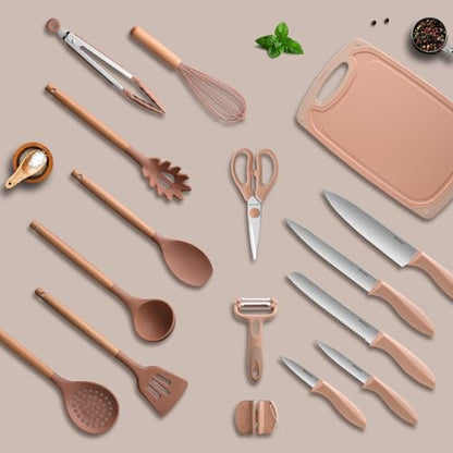 Utensil Sets,18-Piece Silicone Cooking Utensils and Knife Set,Mousse | Dishwasher-Safe Kitchen Utensils,Large Capacity Countertop Organizer for Knives,Utensils,Cutting Board - color: Mousse