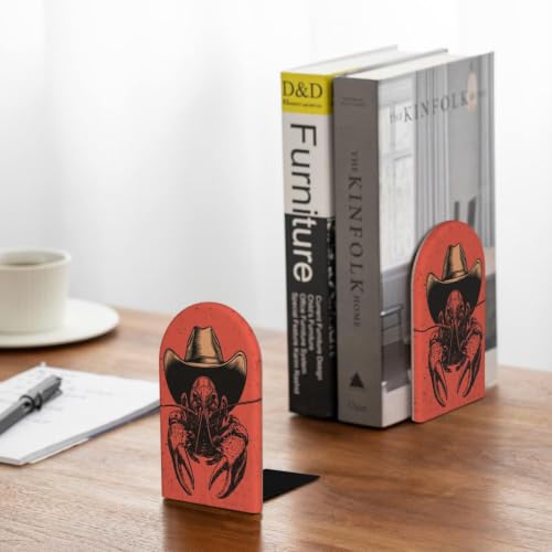 Crawfish Wearing Cowboy Hat Western Rustic Bookends | 2 Pcs Wooden Book Stopper Organizer For Home Office Libraries