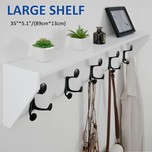WEBI Wall Shelf with Hooks Underneath,35" Long Wall Mounted Coat Rack with Shelf,Entryway Coat Rack with 5 Triple Hooks for Hanging Coats,Jacket,Hallway,Bedroom,Mudroom,White - color: White, size: 35 Inch