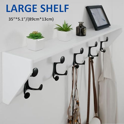 WEBI Wall Shelf with Hooks Underneath,35" Long Wall Mounted Coat Rack with Shelf,Entryway Coat Rack with 5 Triple Hooks for Hanging Coats,Jacket,Hallway,Bedroom,Mudroom,White - color: White, size: 35 Inch