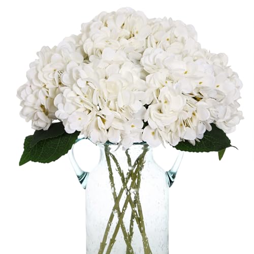 Kimura's Cabin 6pcs White Hydrangea Artificial Flowers Silk Fake Hydrangeas | Faux Hydrangeas Flower With Stems Plants,Wedding Bouquets Arrangement,Home Table Centerpieces,Baby Shower Party Floral Decor - color: White