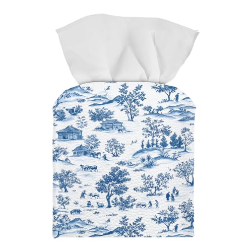 Tissue Box Cover Square, PU Leather Tissue Box Holder for Bathroom, Living Room & Office Desk, Blue & White Toile de Jouy, Decorative Modern Tissue Box Cover - color: Blue & White Toile De Jouy