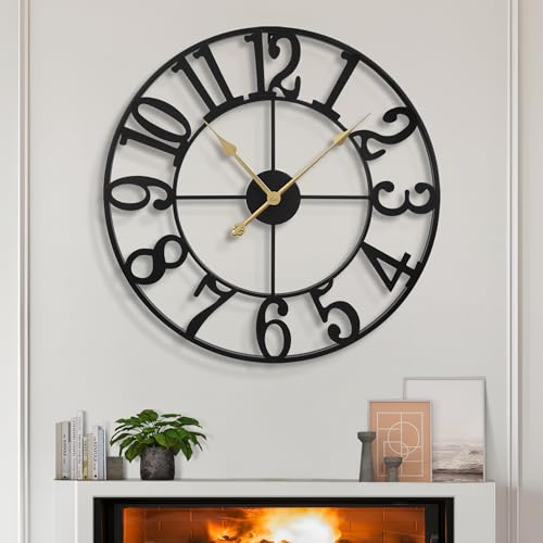 LEIKE Large Wall Clocks,Silent,Non Ticking,Battery Operated Rustic Round Modern Big Metal Wall Clock for Living Room, Bedroom,Kitchen,Farmhouse,Office,Home Decor-16 Inch(Black-Arabic Number) - color: Black Metal-arabic Number, size: 16 IN