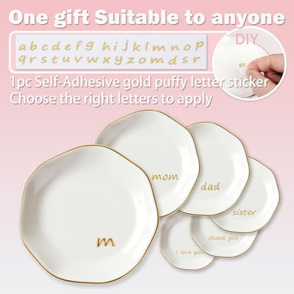 LUCKINEE Ceramic Jewelry Tray Round Ring Dish Trinket Dish Gifts for Women | Personalized Birthday Gifts for Mom Dad,Sisters and Friends,with 1pc Gold Puffy Letter Sticker A-Z, With 1pc Greeting Card - color: DIY Style 1-A-Z