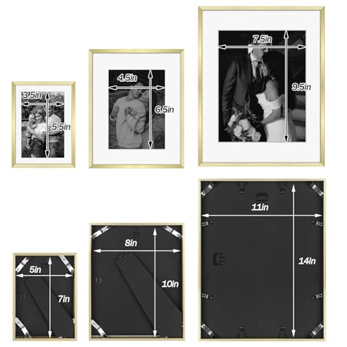 Frametory 7 Pack Aluminum Picture Frame with Mat for Gallery Wall, Gold | Set includes one 11x14, two 8x10, four 5x7 frames with glass fronts, removable mats, and built-in hangers for wall mounting - color: Gold