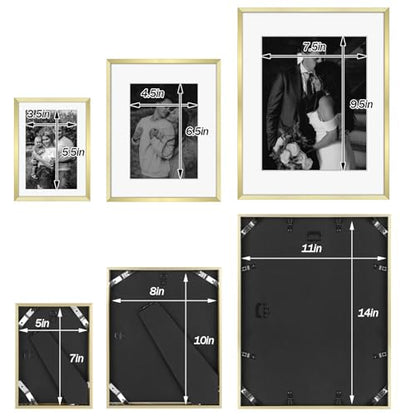Frametory 7 Pack Aluminum Picture Frame with Mat for Gallery Wall, Gold | Set includes one 11x14, two 8x10, four 5x7 frames with glass fronts, removable mats, and built-in hangers for wall mounting - color: Gold