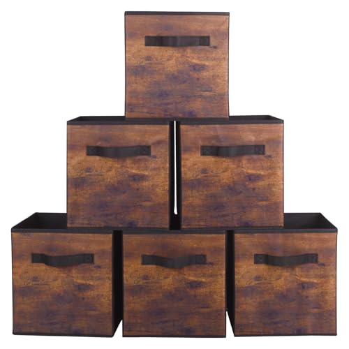 ShellKingdom Storage Bins, Foldable Fabric Storage Cubes And Cloth Storage | Storage Organizer For Closet And Toys, 10.5x10.5x11 INCH, 6 Pack (Retro Wood Pattern) - color: Retro Wood Pattern, size: 6