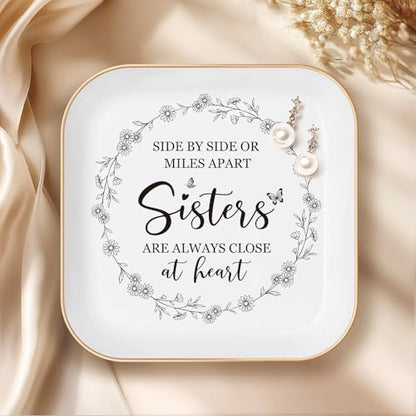 Gifts for Friends Going Away Friendship Ceramic Ring Dish (Sister) | Best Friend Birthday Gifts for Women – Side By Side Or Miles Apart, Sisters Are Always Close At Heart，Sister Gift - color: White-sister