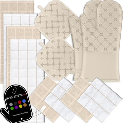 Oven Mitts Kitchen Towels Dishcloths with Pot Holders Sets 12PCS, Dish Towels Sets, Oven Gloves Pot Pads Heat Resistant 500 Degrees with Non-Slip Silicone Surface for Cooking Baking Grilling-Milkshake - color: Milkshake